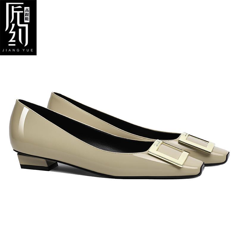 2026 Spring and Autumn New Style Nude Gray Elegant Square Buckle Flat Shoes for Women, Shallow Square Toe Professional Commuting Large Size Single Shoes