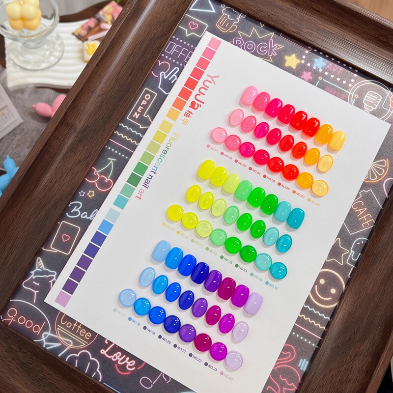 Yujia New Product 24 Colors Fluorescent Dopamine Rainbow Candy Color Macaron Rainbow Sugar Jumping Color Set Nail Gel Polish Yujia New Product 24 Colors Fluorescent Dopamine Rainbow Candy Color Macaron Rainbow Sugar Jumping Color Set Nail Gel Polish