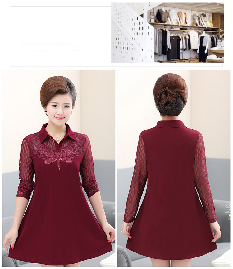 Áo thun nữ dài tay trung niên mùa xuân áo sơ mi chạm đáy áo sơ mi mẹ mới mùa xuân và mùa thu đầm ren trong phần dài váy trung niên đẹp