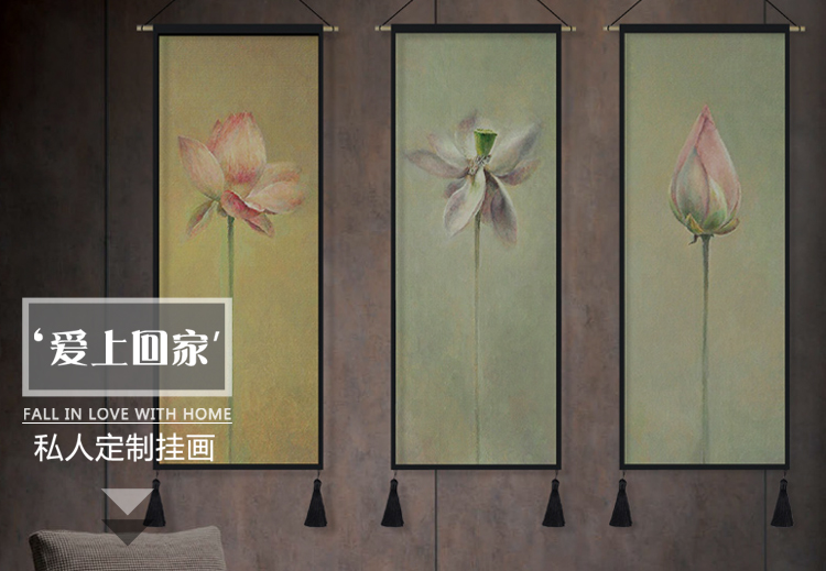 Trung quốc tấm thảm bông vải lanh nghệ thuật sơn Trung Quốc phong cách sen tường sơn trang trí ba bức tranh tấm thảm phòng khách nghiên cứu sơn
