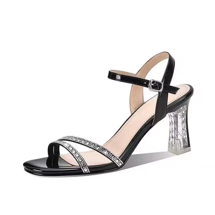 Women's Rhinestone Cowhide Heeled Sandals With High Heels_voghion.com