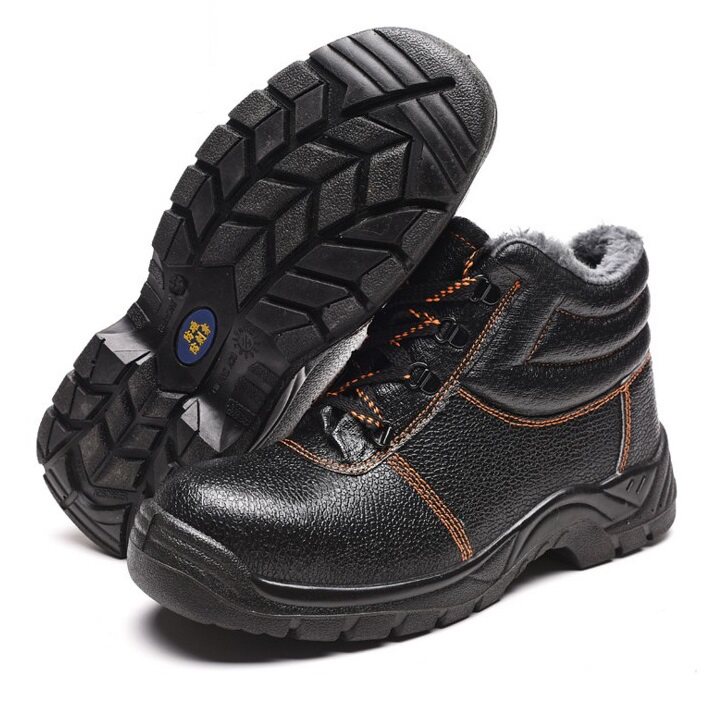 Anti-smashing and anti-puncture winter injection cotton shoes embossed cowhide mid-tube solid bottom chemical construction machinery labor insurance shoes