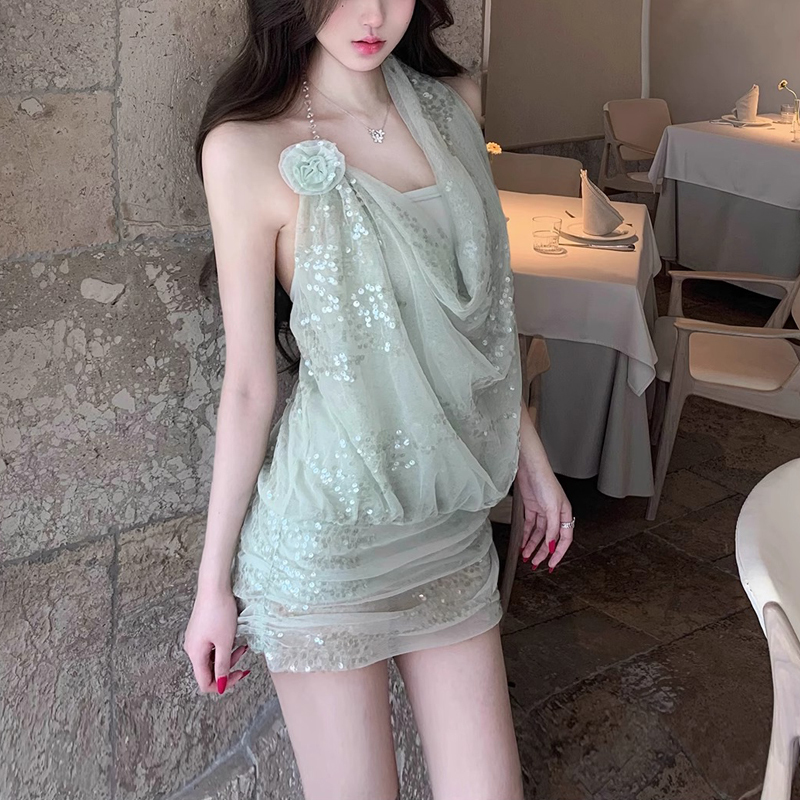 Chanel-Inspired Heavy Sequin Halter Neck Dress, Short Bodycon Design with Chain, Shiny Three-Dimensional Floral Short Skirt