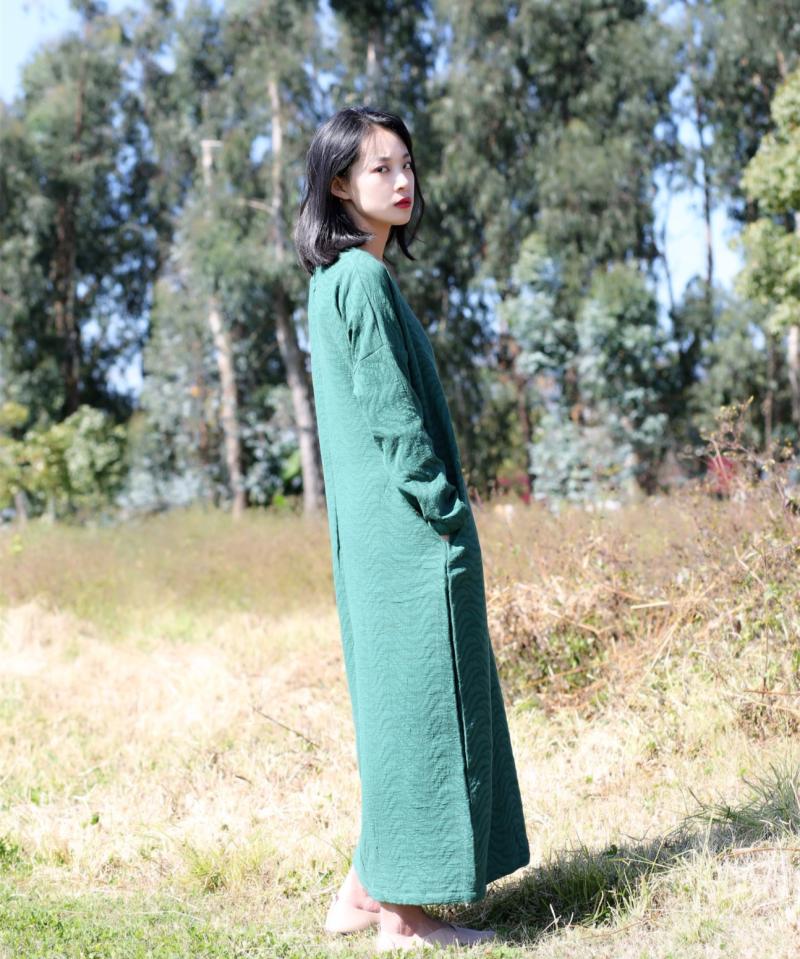 Nhân vật ~ văn học dân tộc phong cách Zen nước gợn sóng mỏng dày cotton dài tay áo dài váy áo choàng váy đen dài qua gối