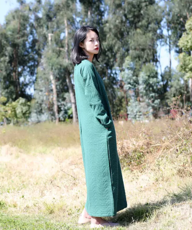 Nhân vật ~ văn học dân tộc phong cách Zen nước gợn sóng mỏng dày cotton dài tay áo dài váy áo choàng
