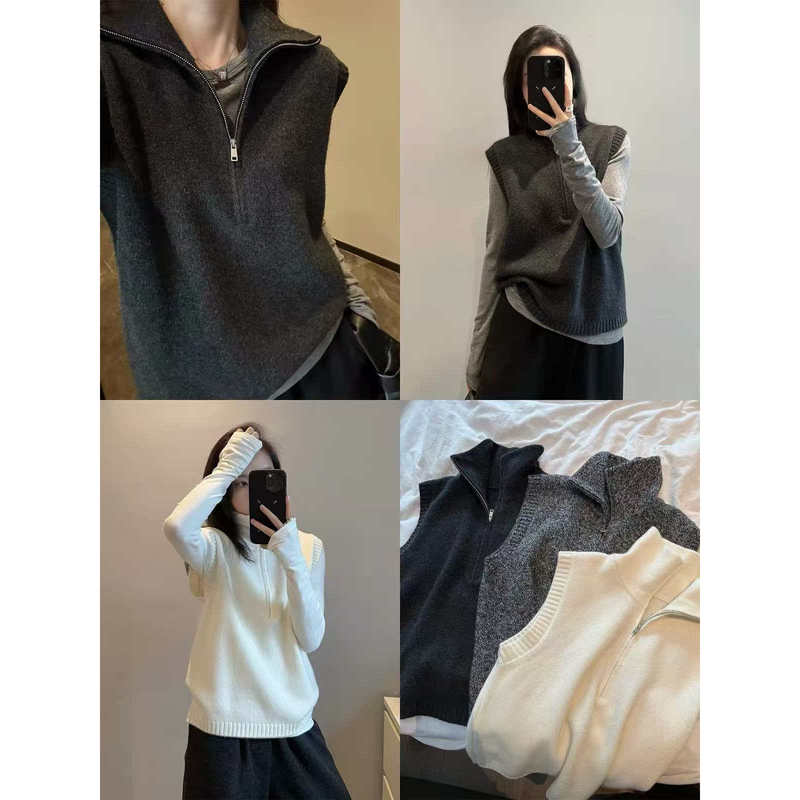 New Autumn and Winter Style Lazy Style High-Neck Zipper Wool Knitted Vest for Women, Sleeveless Layered Sweater Vest, Elegant Top