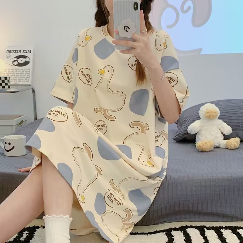 Pure Cotton Nightgown for Women, Short-Sleeved, Korean Style, Loose-Fitting Plus Size Long T-Shirt, Can Be Worn Outside, Pajamas, Student Summer Dress
