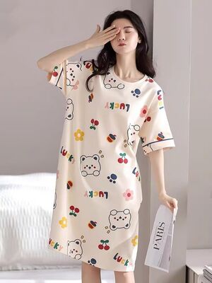 New 2026 sleeping dress for women, summer student pajamas, short-sleeved, loose, mid-length dress for pregnant women, and home wear