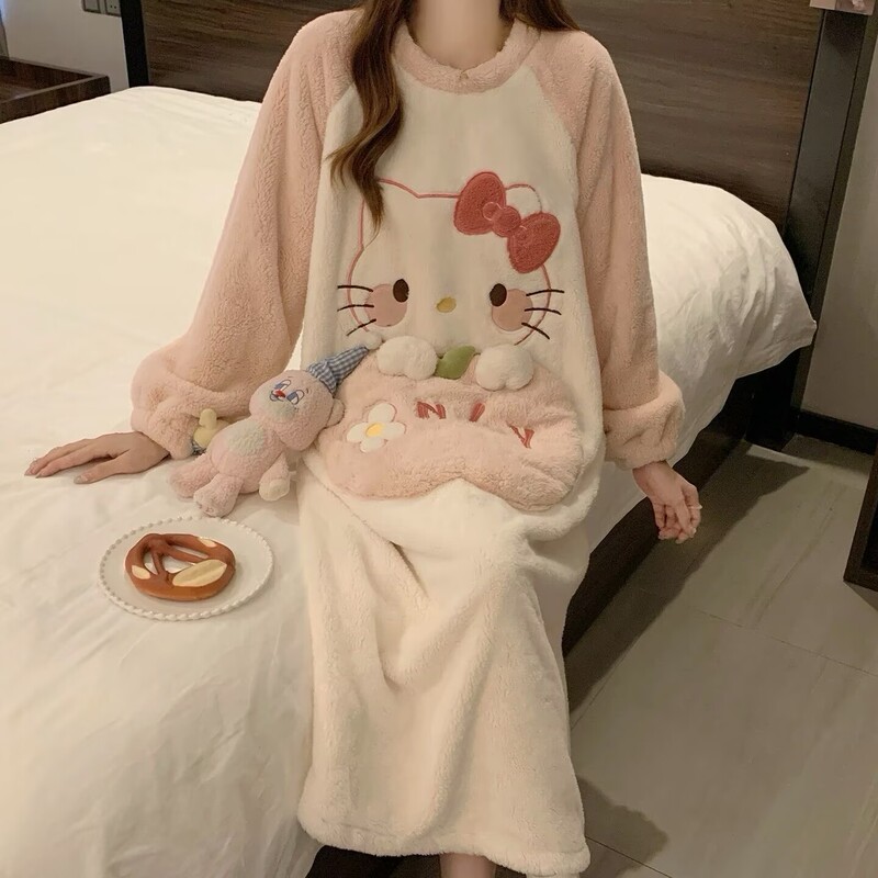 Cartoon Cute Kt Cat Winter Nightgown for Women, Long Coral Velvet Thickened Warm Loose Large Size Pajamas Home Wear Cartoon Cute Kt Cat Winter Nightgown for Women, Long Coral Velvet Thickened Warm Loose Large Size Pajamas Home Wear