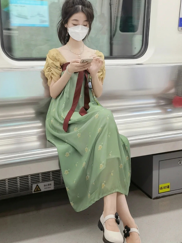 Green Hanfu Summer Style Chinese-Style Improved Tang-Style Chest-Length Skirt Traditional Dress for Work with Han Elements and Ancient Style Dress