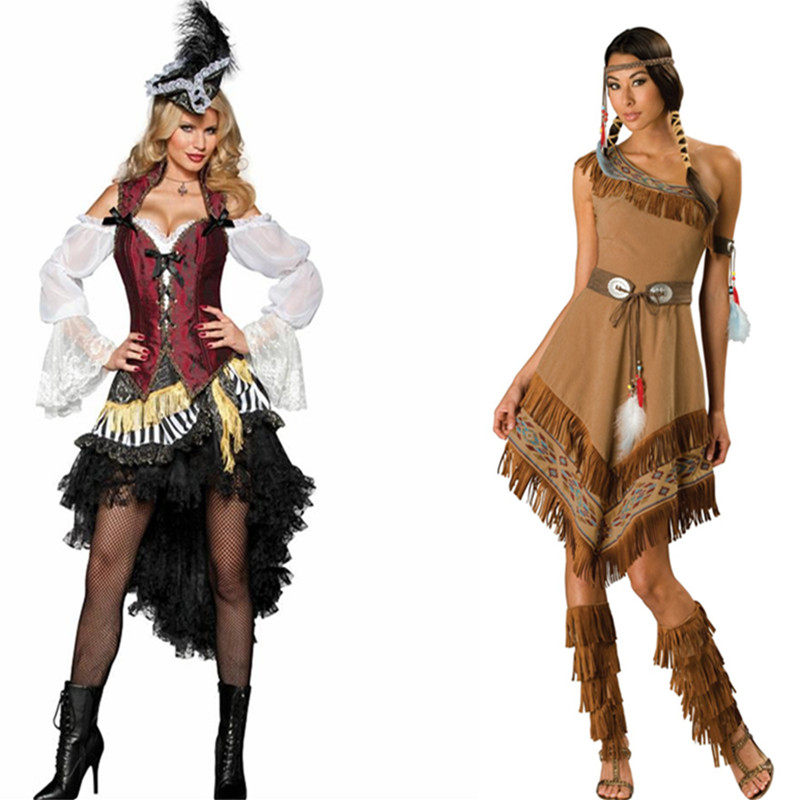 Caribbean women pirate cosplay costumns for Halloween party Gathering pirate horns play cosplay women's dress