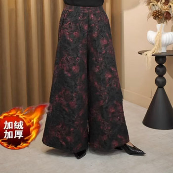Black Jacquard Wide-Leg Pants for Women, Elegant, Slimming, Versatile Casual Trousers with Elastic Waist, Fleece-Lined, Thickened, Fashionable Straight-Leg Pants