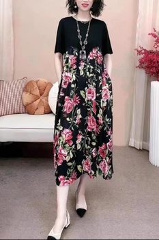 2024 Summer New Elegant and Classy Fashion Dress with a High-End Feel, Featuring a Faux Two-Piece Design, Printed Pattern, Loose Fit, and Slimming Effect