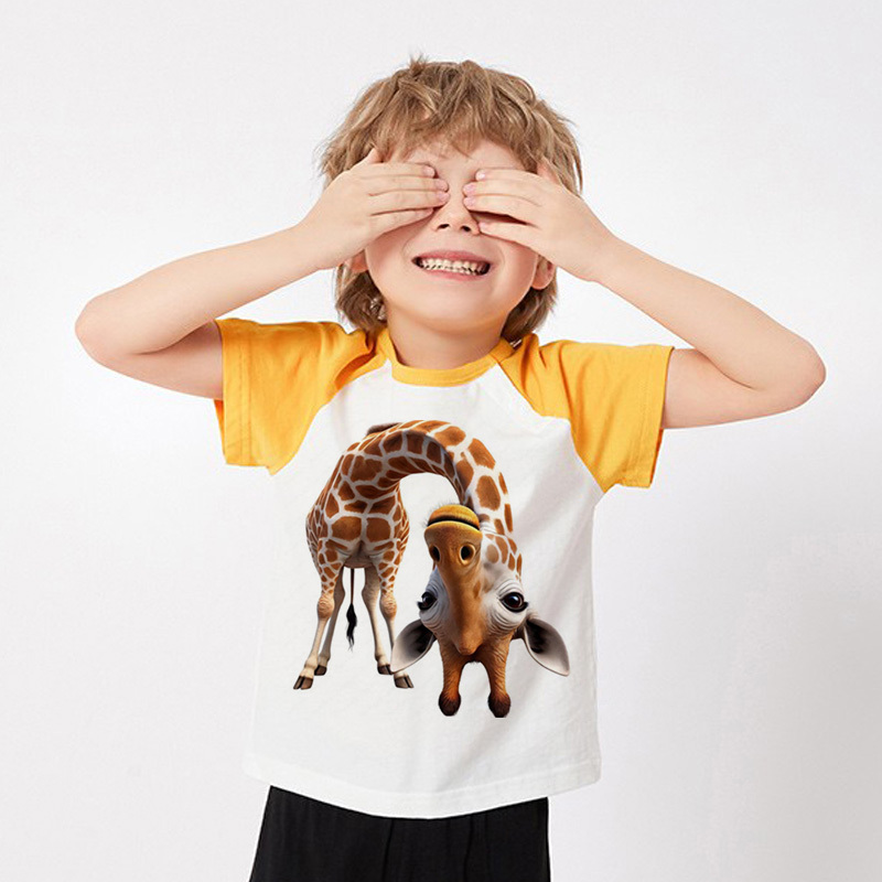 Funny 3D Printed Giraffe Children's Clothing, Funny Pure Cotton T-Shirt, Summer Baby Creative Animal Short-Sleeved Baby Summer Top