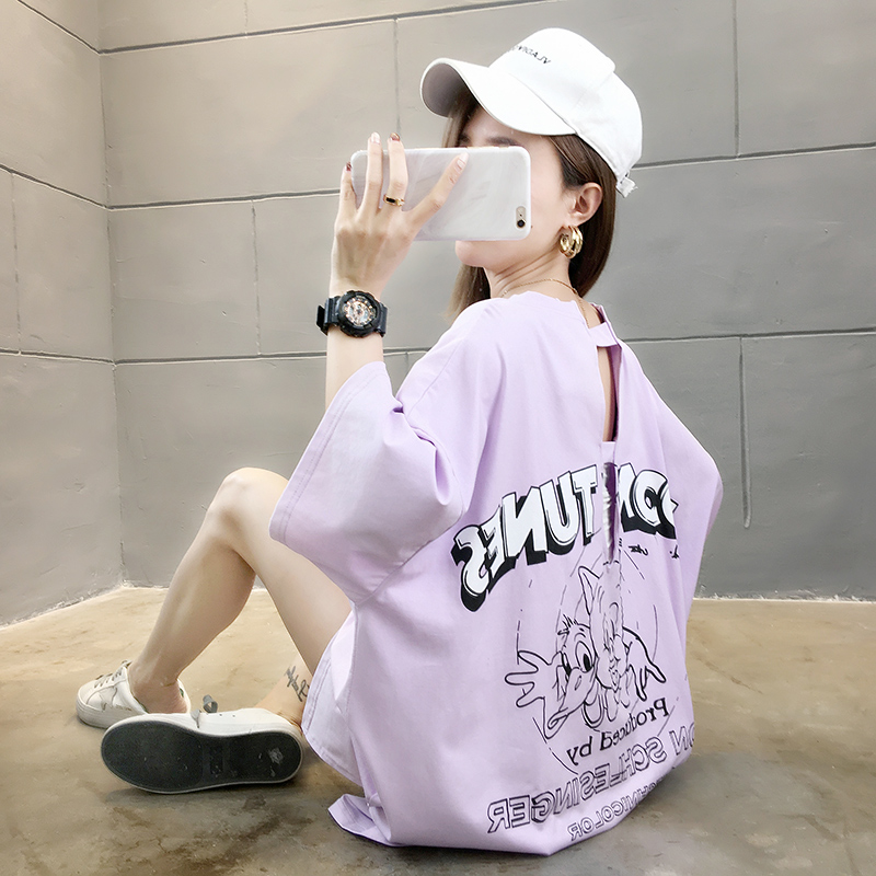 Real shot short sleeve T-shirt women's summer 2021 new loose Korean round neck open back top large women's clothing