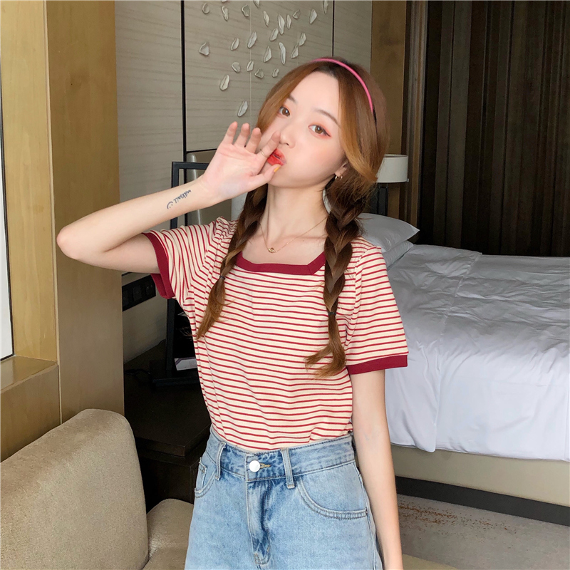 Real shot Cotton Short Sleeve Striped T-shirt for women's summer dress