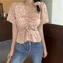 Real shot short sleeve blouse summer drawstring Chiffon short sleeve top