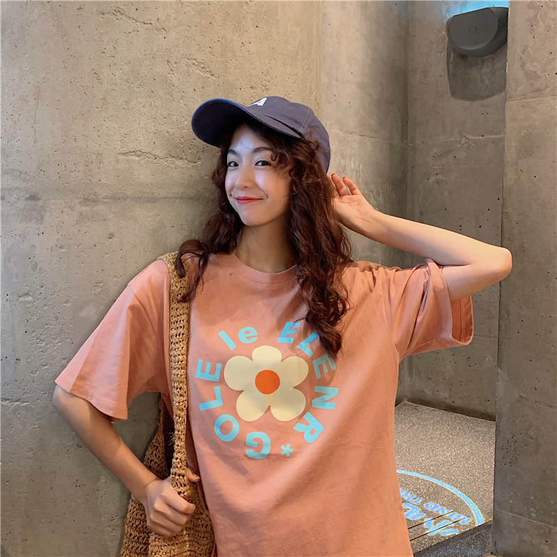 Korean cute little flower letter printed short sleeve T-shirt BF round neck loose top