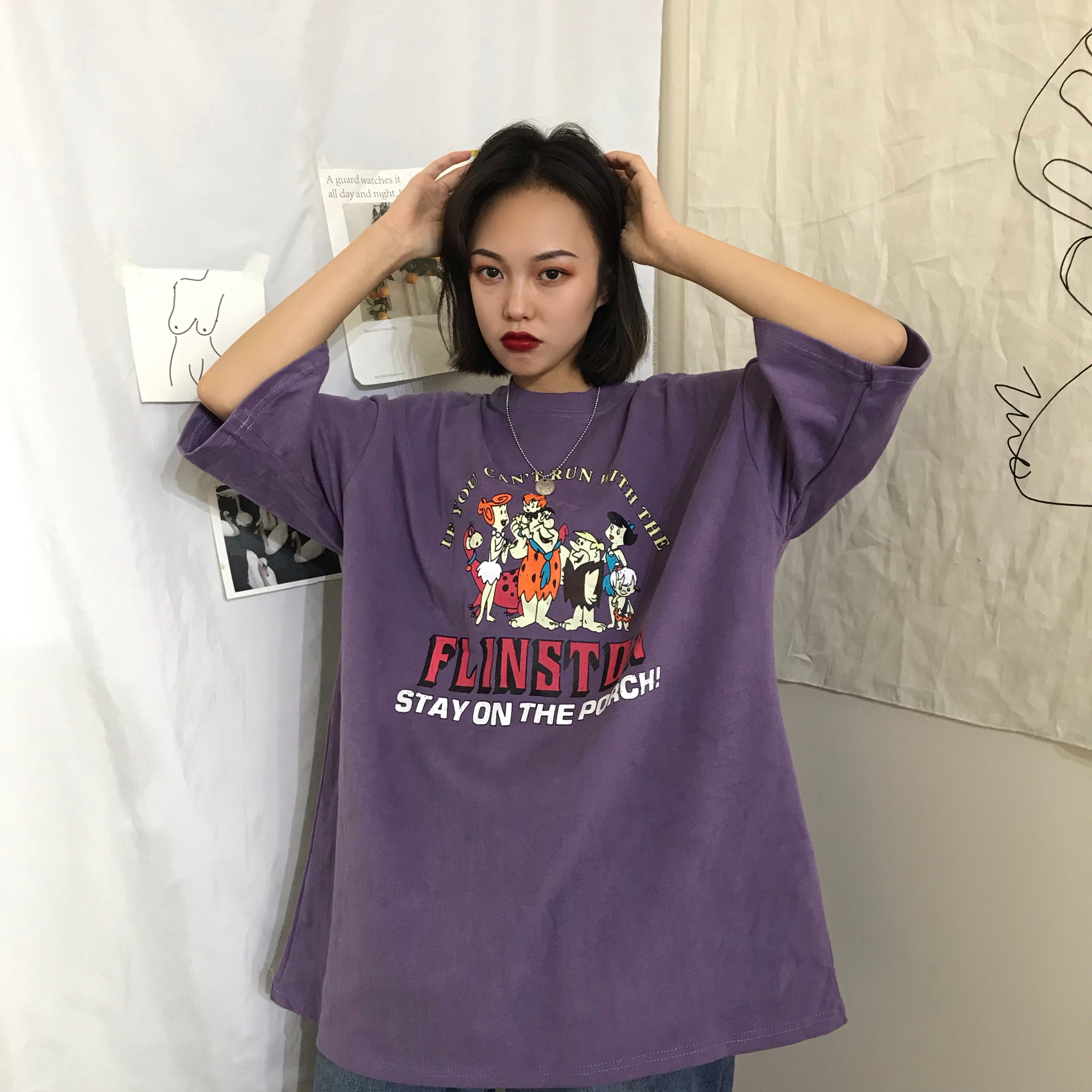 Real Hong Kong style cartoon printed short sleeve T-shirt women's summer Korean loose grey T-shirt fashion