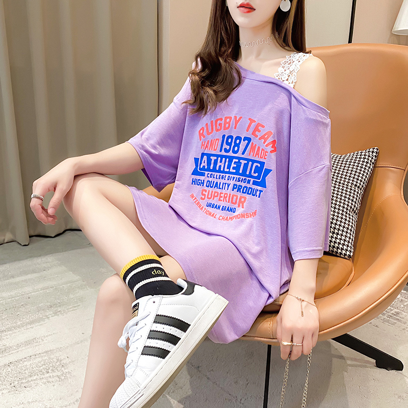 Real shot short sleeve T-shirt women's summer new fashion one line collar lace suspender medium length top large women's dress