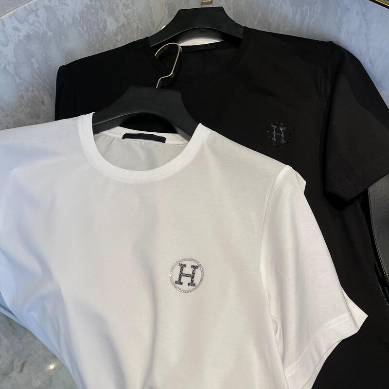 Trendy Short-Sleeve Men's Pure Cotton T-Shirt with Small H Letter Rhinestones, High-End Brand, Simple and Breathable White Crew Neck Half-Sleeve T-Shirt