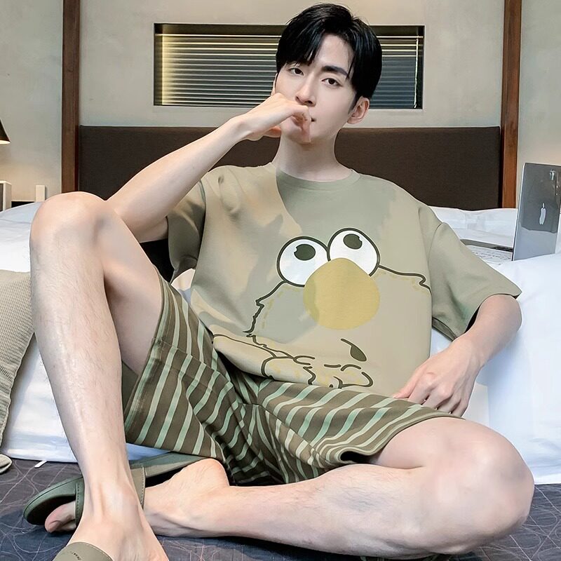 Japanese-Style Men's Summer Pajamas, Pure Cotton Short-Sleeve, Plus-Size Cartoon Design for Teenagers and Students, Men's Set Japanese-Style Men's Summer Pajamas, Pure Cotton Short-Sleeve, Plus-Size Cartoon Design for Teenagers and Students, Men's Set