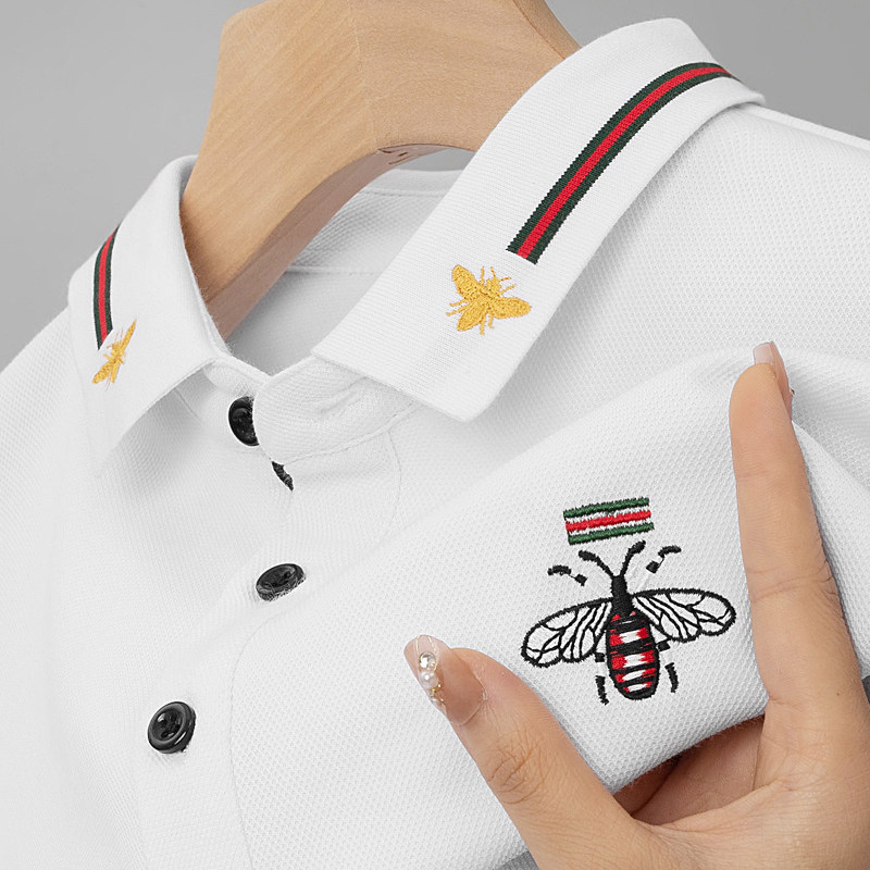European Trendy Brand High-End Pure Cotton Short-Sleeve T-Shirt for Men with Bee Embroidery Polo Shirt with Turn-Down Collar for Middle-Aged and Elderly