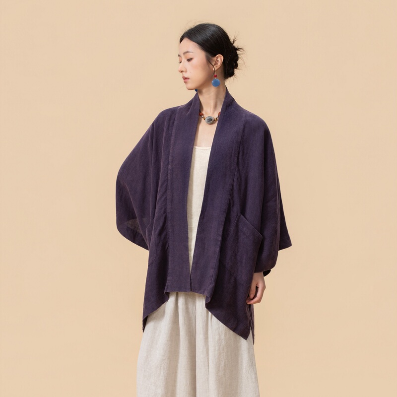 【By】 Designer Brand Original Linen Lapel Pocket Versatile Oversized Wide-Sleeve Spring and Autumn Coat for Women