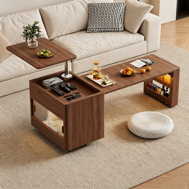 Coffee Table for Small Apartments with Wheels, Movable Storage Cabinet, Multifunctional Lift and Telescopic Folding Side Cabinet for Living Room Sofa