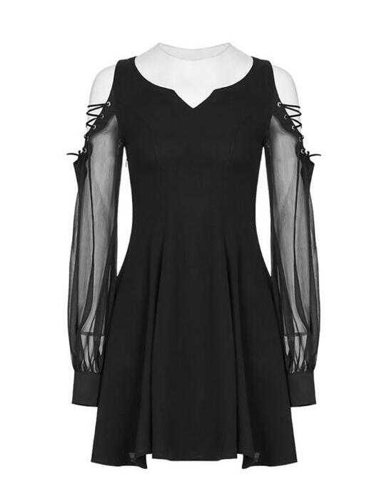 Spot off-the-shoulder V-neck dress women's summer new punk slim lantern sleeve strap stitching chiffon skirt