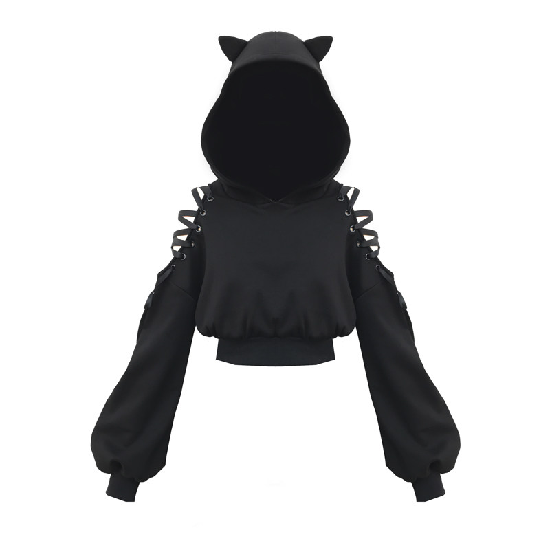 Dark-style off-shoulder tie-up cat ear hooded sweatshirt for women, autumn and winter, fleece-lined, Halloween limited edition.