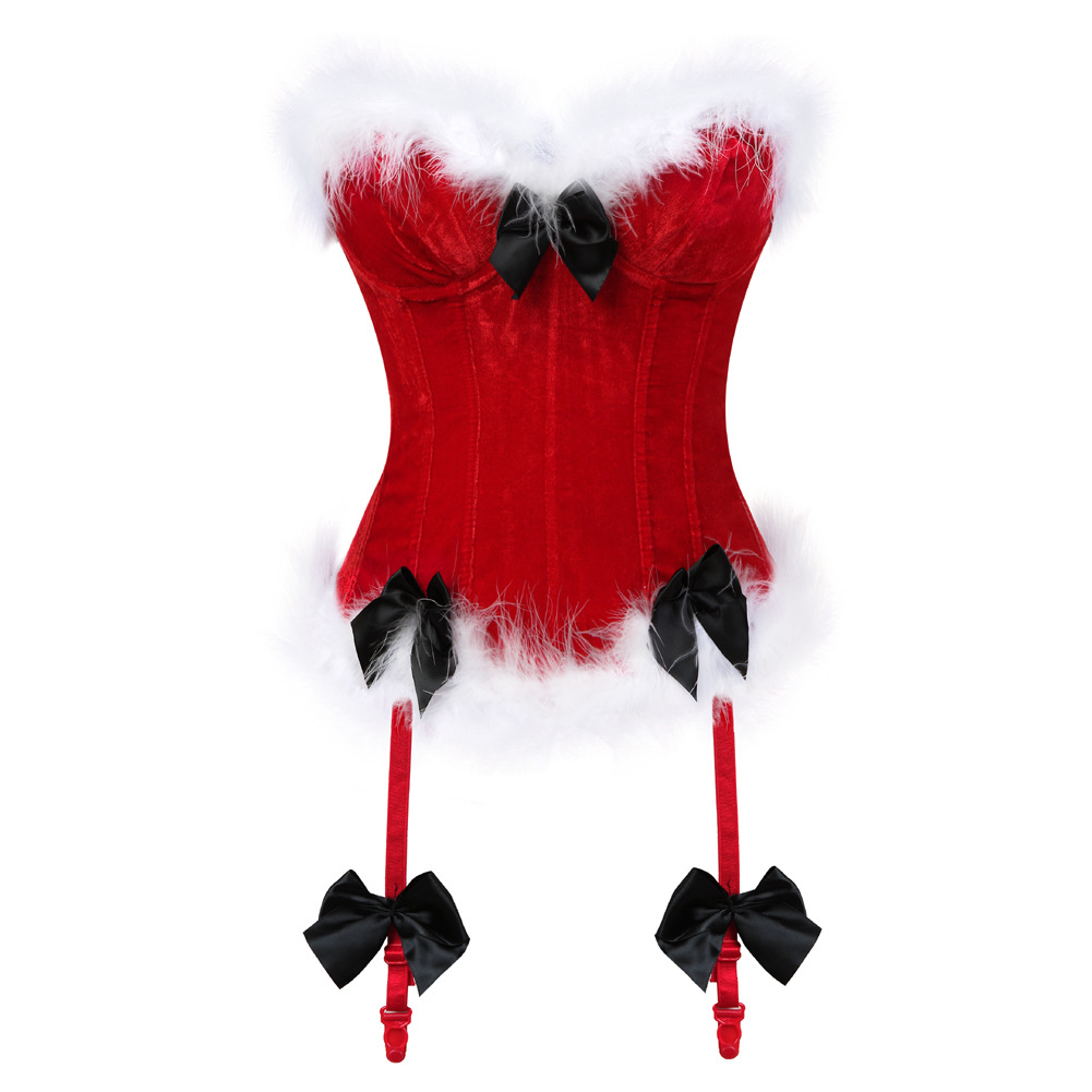 Spot (Christmas COS) Sexy feather splicing cross-strap hanging socks with butterfly knot body coat red black-Taobao