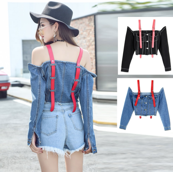 Spot denim jacket women's fashion European station spring and autumn denim top off-the-shoulder denim short-fitting denim jacket