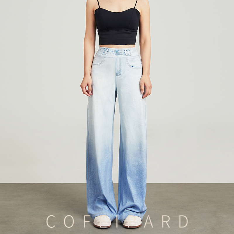 High-Waisted Straight-Leg Jeans for Women, Autumn Washed Tie-Dye Gradient Wide-Leg Pants, Floor-Length Imitation Denim Pants