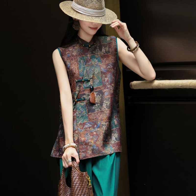 Retro New Chinoiserie Spring Thin Vest for Women 2026 New Style Stand-Up Collar Diagonal Placket Sleeveless Shirt Mid-Length Retro New Chinoiserie Spring Thin Vest for Women 2026 New Style Stand-Up Collar Diagonal Placket Sleeveless Shirt Mid-Length