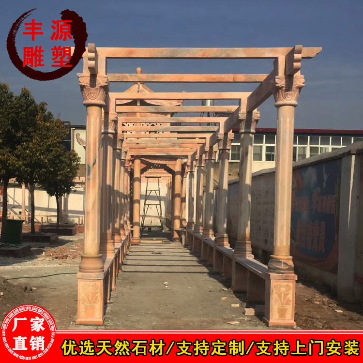 Stone carving pavilion Chinese-style natural sunset red pavilion promenade outdoor courtyard hexagonal pavilion flower rack grape rack sculpture