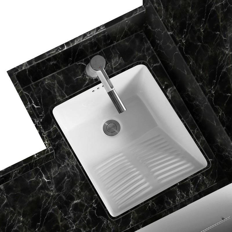 Balcony Ceramic Undermount Basin with Washboard, Undermount Laundry Basin with Washboard, Built-In Washbasin, Countertop Basin Sink