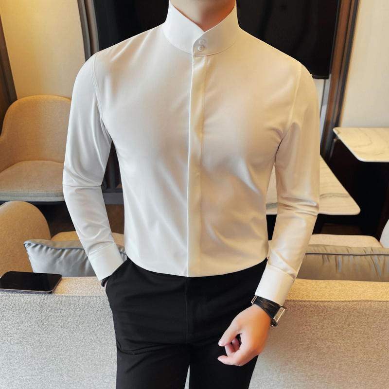 New Chinese Style Stand-Up Collar Shirt for Men, Long-Sleeved, High-End, Slim-Fit, Handsome Zhongshan Suit Shirt, Spring and Autumn High-Neck Top
