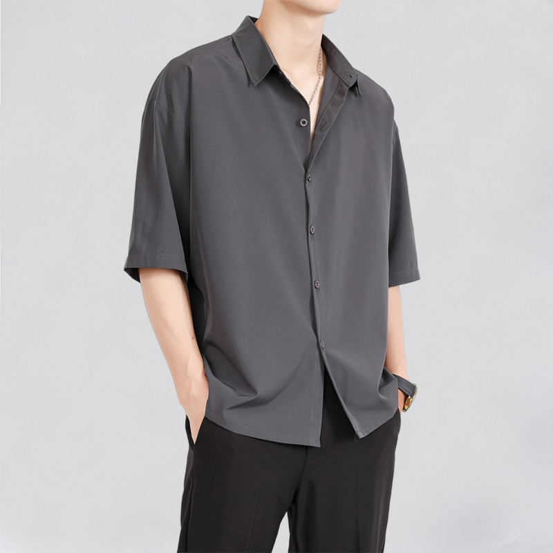 Hong Kong Style Drapey Ice Silk Shirt for Men, Short-Sleeved, Loose-Fitting, Black, High-End Feel, Summer Thin Style ins Cool and Casual Shirt