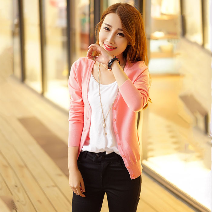Mùa xuân và mùa thu Slim cardigan mỏng Phụ nữ đan áo dài tay Joker Áo khoác mỏng cổ chữ V điều hòa áo khoác cardigan nữ form dài