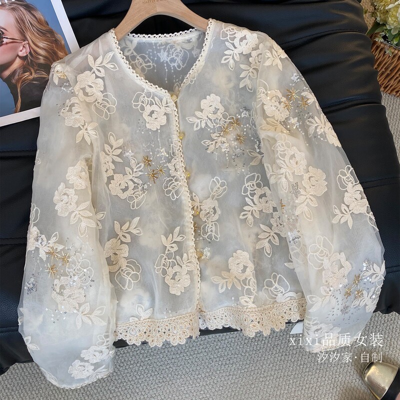 New Chinese-Style National Style Embroidered Shirt for Women 2026 Summer New Lace Trim Sequin Sheer Sun Protection Blouse Top