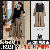Winter 2021 new womens wear size fat mm retro French fake two-piece dress long skirt slim autumn
