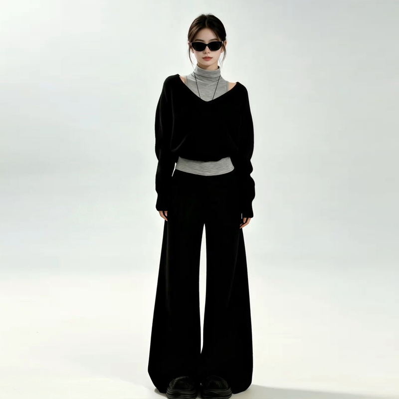 Early Autumn Korean-Style High-End Fashion Outfit: New Set of Half-High Collar Vest, Off-Shoulder Top, and Wide-Leg Pants Set