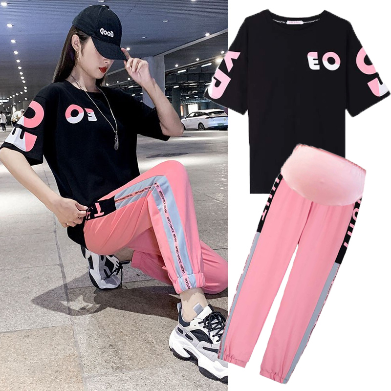 Pregnancy Woman Dress Summer Clothing Suit Korean Version Short Sleeve Summer Fashion style Casual Sports Clothing Net Red and thin summer Two sets