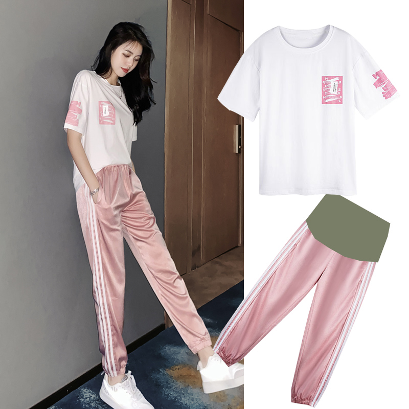 Pregnancy Maternity Dress Summer Suit Fashion Models New Casual Sports Net Infrared Out Summer Short Sleeve Blouses Women Summer Two Sets