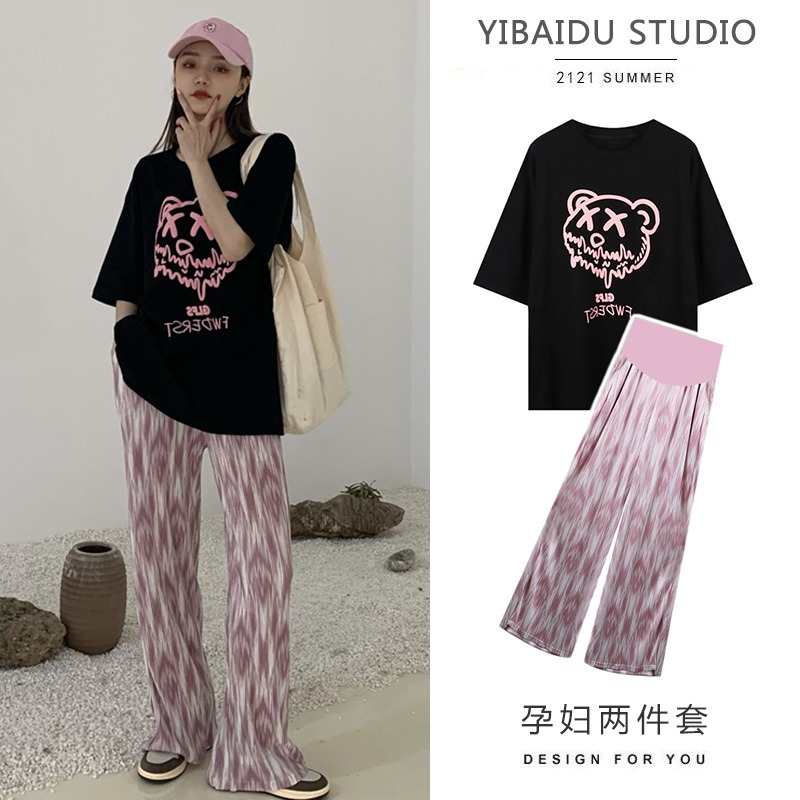 Pregnant woman summer clothing suit out of fashion style 2022 new summer thin section casual sports summer long pants two sets