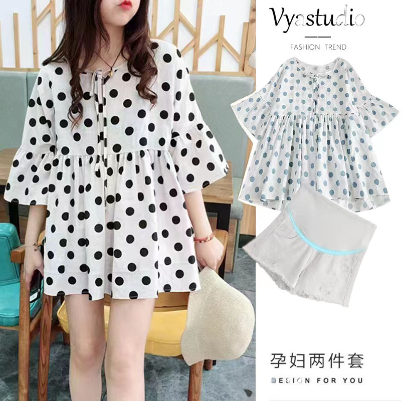 Gestational Woman Dress Summer Thin blouses blouses women shirts dollshirts with short sleeves shorts go out to suit two sets