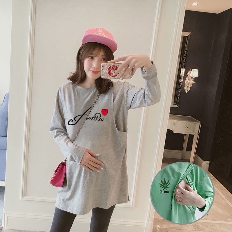 Pregnant women's blouses women's spring clothing laces go out, hot moms long sleeves spring autumn loose medium long version T-shirt undershirt