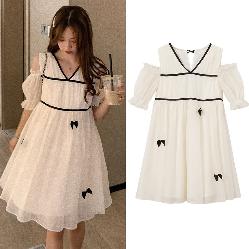 Gestational woman dress for summer clothes snowspun short sleeve a character dress medium long version of temperament V collar loose with large size for a long time