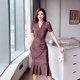 2022 summer new women's skirt V-neck drawstring waist slimming high-end temperament short-sleeved fishtail skirt